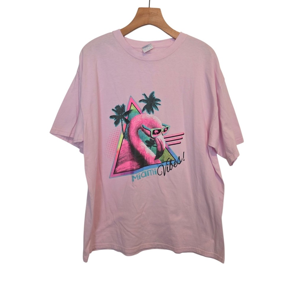 Miami Vibes T-Shirt Pink Flamingo Palm Trees Beach Sun Cotton Size‎ XL